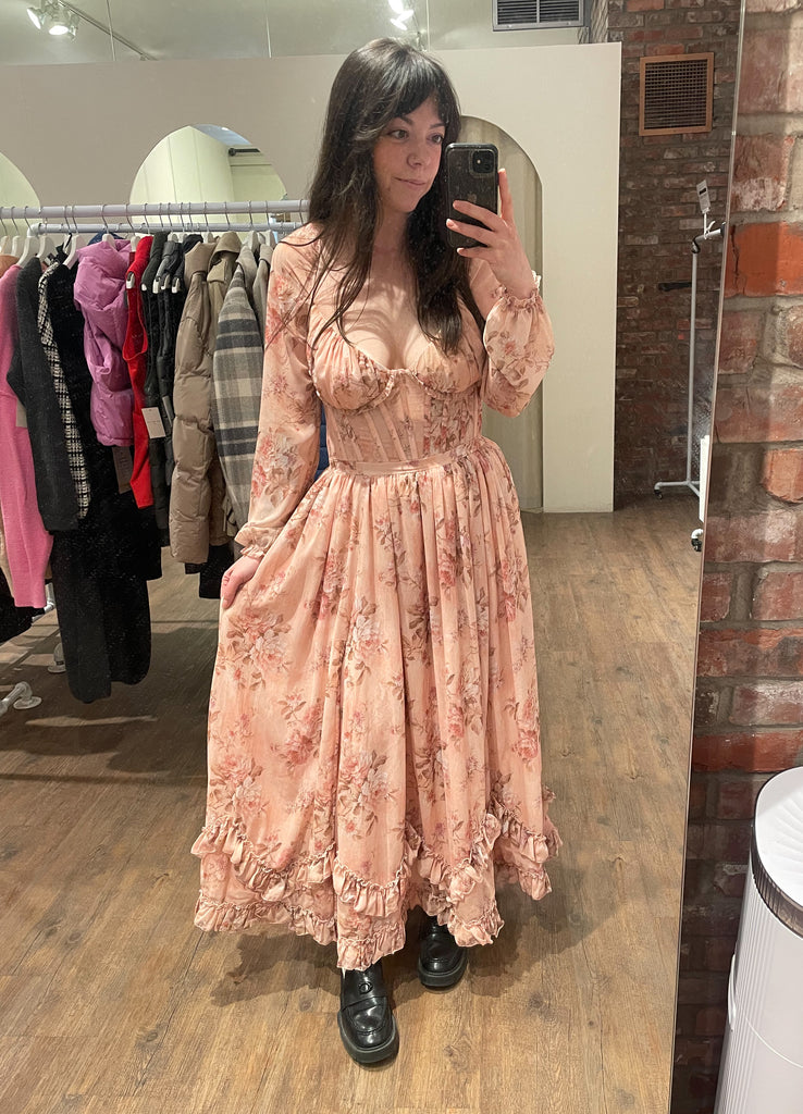 v. chapman carmella long-sleeve ruffled chiffon maxi dress The Carmella Dress in Peach Tapestry 2 / Peach Tapestry